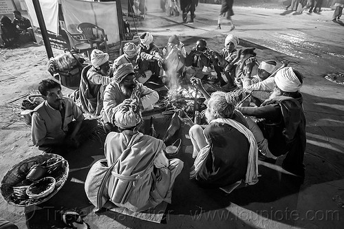 babas sitting in circle around campfire - kumbh mela (india), babas, campfire, circle, fire, hindu pilgrimage, hinduism, kumbh mela, night, sadhu, sitting, smoke