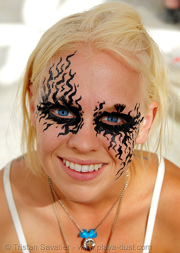 blond girl with creative makeup / face paint - burning man 2006, amelia, blue eyes, face paint, makeup, moose, woman