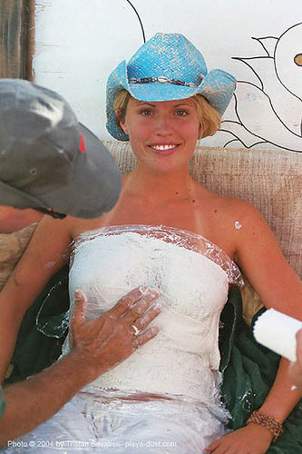 breast cast - burning man 2003, plaster, straw hat, woman