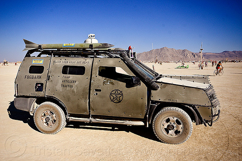 burning man - black rock army art dept armored car, 911, armored, armoured, army, art car, burning man art cars, military, mutant vehicles, signs, stencil, vehicle