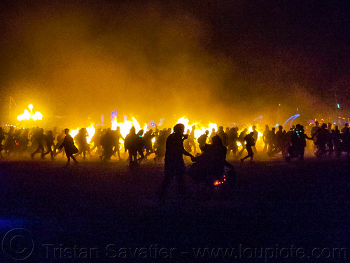 burning man - crowd celebrating the man's burn, burning man at night, night of the burn