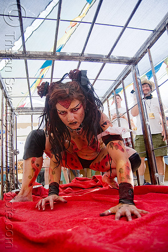 burning man - dangerous creature kept in cage, body art, body paint, body painting, cage, eva, red, woman