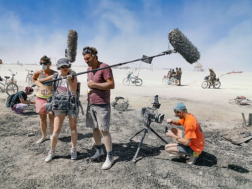 burning man - film crew on the man's ashes, ashes, film camera, film crew, mic, microphone, sound boom, the man