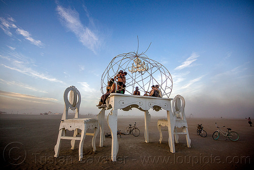 burning man - giant table and chairs, art installation, brobdingnag, chairs, chandelier, sculpture, table, white