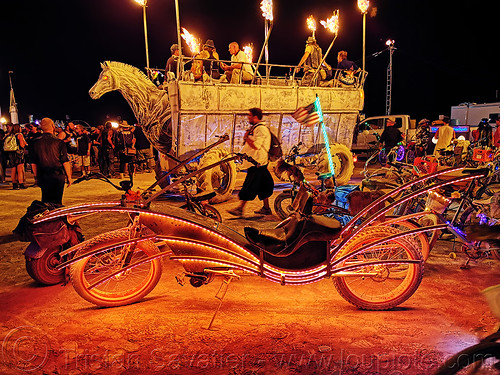 burning man - glowing cruiser bicycle, art car, bicycle, bike, burning man art cars, burning man at night, cruiser, mutant vehicles