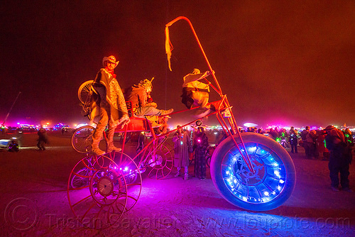 burning man - human-powered trike art car, burning man art cars, burning man at night, glowing, mutant vehicles, night of the burn, trike, unidentified art car