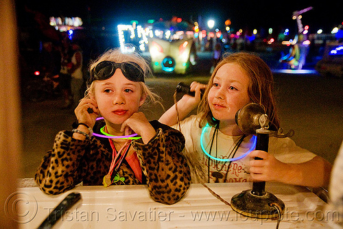 burning man - kids playing with telephone on "the front porch" art car, boy, burning man at night, children, kids, little girl, old, phone, telephone, the front porch