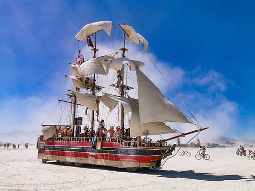 burning man - monaco ship sailing on the playa, art car, burning man art cars, masts, monaco ship, mutant vehicles, sail ship, sails, tall ship