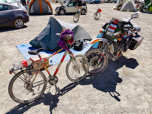 burning man - my small camp, bicycle, camp, klr 650, motorcycle, tent