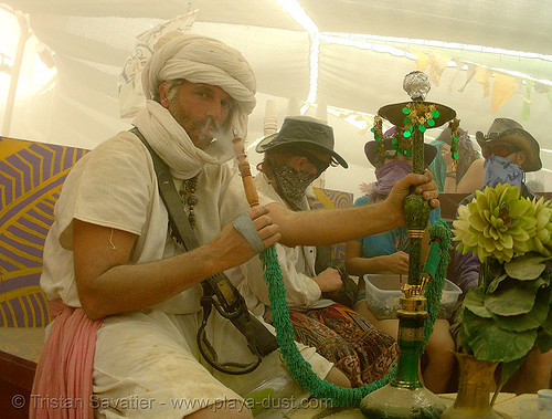 burning man - smoking a hookah in center camp, hookah, man, nargeela, narghile, nargile, nargileh, narguilé, sheesha, shisha, smoking, water pipe