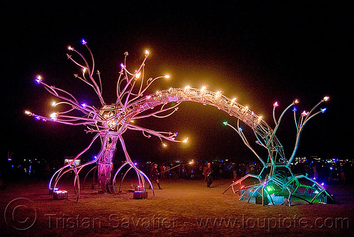 burning man - soma - giant neurone by the flaming lotus girls, art installation, burning man at night, dendrites, neurone, soma