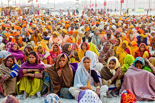 crowd of hindu pilgrims sitting - kumbh mela 2013 (india), ashram, crowd, hindu pilgrimage, hinduism, holy prasad, kumbh mela, men, pilgrims, rows, sitting, women