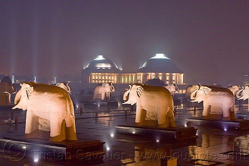 elephant rows - dome monuments - ambedkar park - lucknow (india), ambedkar memorial, ambedkar park, architecture, domes, elephant sculptures, elephant statues, elephants, lucknow, monument, night, pratibimb sthal, stone elephant