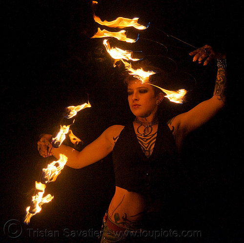 fire fans (san francisco) - fire dancer - leah, backlight, fire dancer, fire dancing, fire fans, fire performer, fire spinning, leah, night, spinning fire, tattooed, tattoos, woman