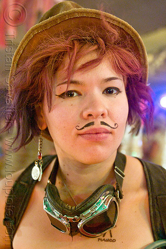 girl with fake mustache, asian woman, fake moustache, fake mustache, false moustache, false mustache, goggles, hat, makeup, redhead, roxy doll