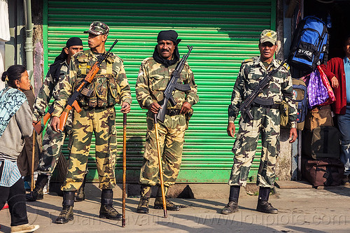heavily armed indian security forces - darjeeling (india), ak-47, akm, armed, assault weapons, automatic weapons, batons, canes, closed, darjeeling, fatigues, guns, indian army, insas rifles, men, military, shop, soldiers, store, uniform, woman