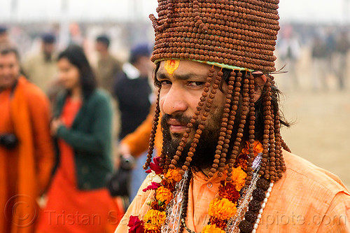 hindu devotee with hat made of rudraksha beads, beard, guru, hat, headdress, hindu man, hindu pilgrimage, hinduism, kumbh mela, necklaces, rudraksha beads, sadhu, tilak, tilaka