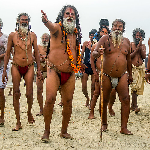 hindu devotees returning from holy dip in ganges river - kumbh mela (india), beard, hindu pilgrimage, hinduism, kumbh mela, men, ritual ropes, sacred threads, walking cane, walking stick, yajno pavitam