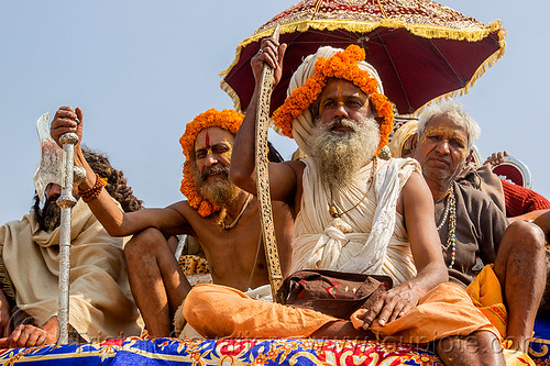 hindu guru with ritual sword - kumbh mela (india), baba, beard, float, gurus, hindu pilgrimage, hinduism, kumbh maha snan, kumbh mela, mauni amavasya, men, parade, umbrella