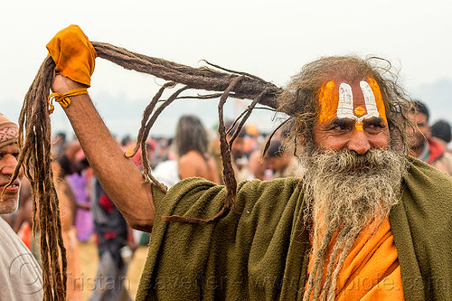 hindu man with large tilaka and long dreadlocks - kumbh mela 2013 (india), beard dreadlocks, hindu pilgrimage, hinduism, kumbh mela, man, tilak, tilaka, white beard