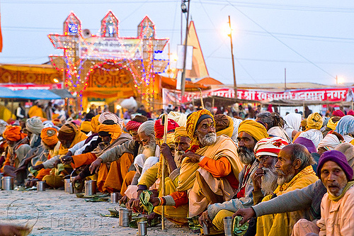 hindu pilgrims eating holy prasad - kumbh mela 2013 (india), ashram, crowd, dinner, eating, food, hindu pilgrimage, hinduism, holy prasad, kumbh mela, men, pilgrims, rows, sitting