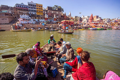 hindu pilgrims on river boat - ghats of varanasi (india), ganga, ganges river, hindu, hinduism, pilgrims, river boat, rowing boat, small boat, varanasi