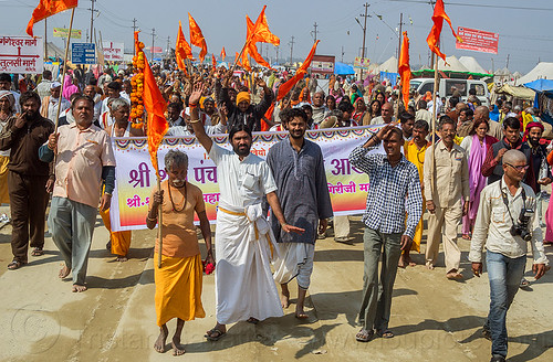 hindu procession at kumbh mela (india), banner, crowd, guru, hindu pilgrimage, hinduism, kumbh mela, orange flags, walking