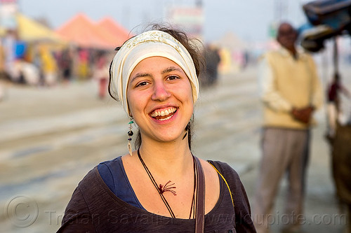 jasmin aigner at kumbh mela 2013, earrings, headwear, hindu pilgrimage, hinduism, kumbh mela, woman