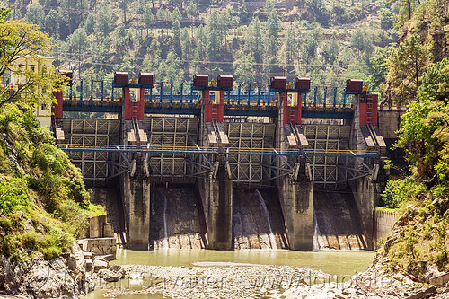 maneri dam (india), bhagirathi river, bhagirathi valley, floodgates, hydro electric, maneri bhali hydro project, maneri dam, river bed, tainter gates