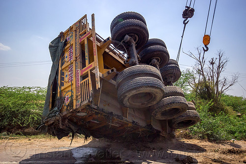 mobile cranes lift overturned semi-trailer truck (india), artic, articulated truck, cables, cranes, crash, hooks, lorry accident, overturned, road, semi-trailer, tata motors, tractor trailer, traffic accident, truck accident