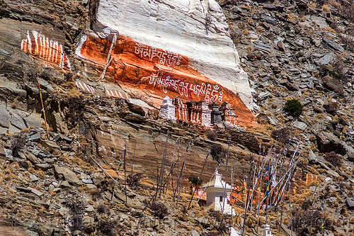 old stupas and painted cliff - marpha (nepal), annapurnas, buddhism, cliff, kali gandaki valley, marpha, painted, prayer flags, stupas, tibetan, village