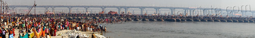 pontoon floating bridge over ganges river - kumbh mela (india), crowd, floating bridge, ganga, ganges river, hindu pilgrimage, hinduism, kumbh maha snan, kumbh mela, mauni amavasya, metal tanks, panorama, pontoon bridge