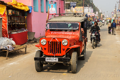 red willys jeep (india), 4x4, all-terrain, car, daraganj, hindu pilgrimage, hinduism, kumbh mela, m606, red, willys jeep