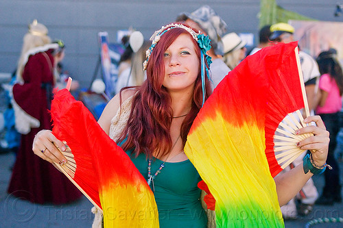 redhead woman dancing with fans, fans, michelle, rainbow colors, redhead, woman
