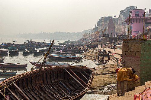 riverboats moored at the ghats of varanasi (india), ganga, ganges river, ghats, mooring, river bank, river boats, varanasi
