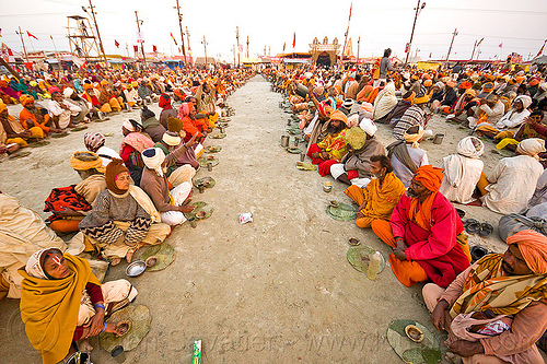 rows of hindu pilgrims sitting, eating holy prasad - kumbh mela 2013 (india), ashram, crowd, dinner, eating, food, hindu pilgrimage, hinduism, holy prasad, kumbh mela, men, pilgrims, rows, sitting