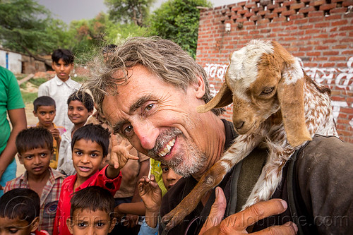 tristan savatier - selfie with baby goat and kids (india), baby animal, baby goats, boys, children, khoaja phool, kids, man, self-portrait, selfie, village, खोअजा फूल