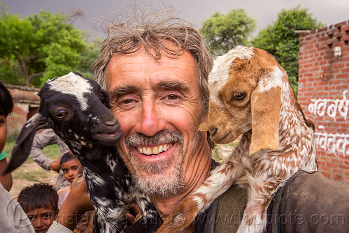 tristan savatier - selfie with two baby goats (india), baby animal, baby goats, khoaja phool, kids, man, self-portrait, selfie, village, खोअजा फूल