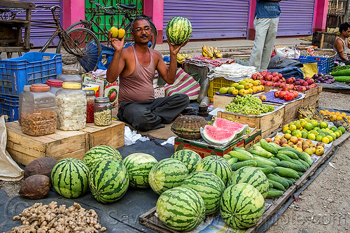 watermelons, cucumbers and fruits at street market (india), cross-legged, cucumbers, farmers market, fruits, gairkata, ginger, man, produce, sitting, stall, street market, street seller, vegetables, veggies, vendor, water melons, west bengal