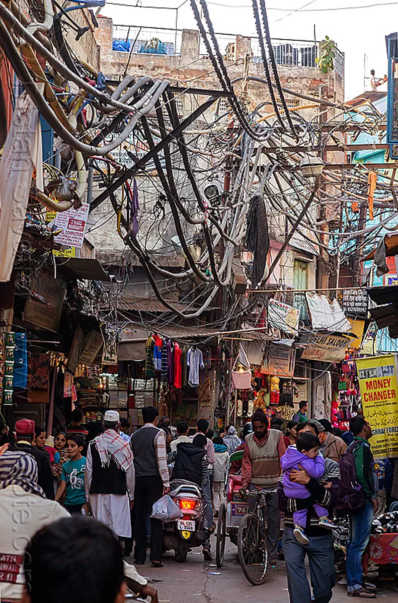 electric power lines and wiring in street, india