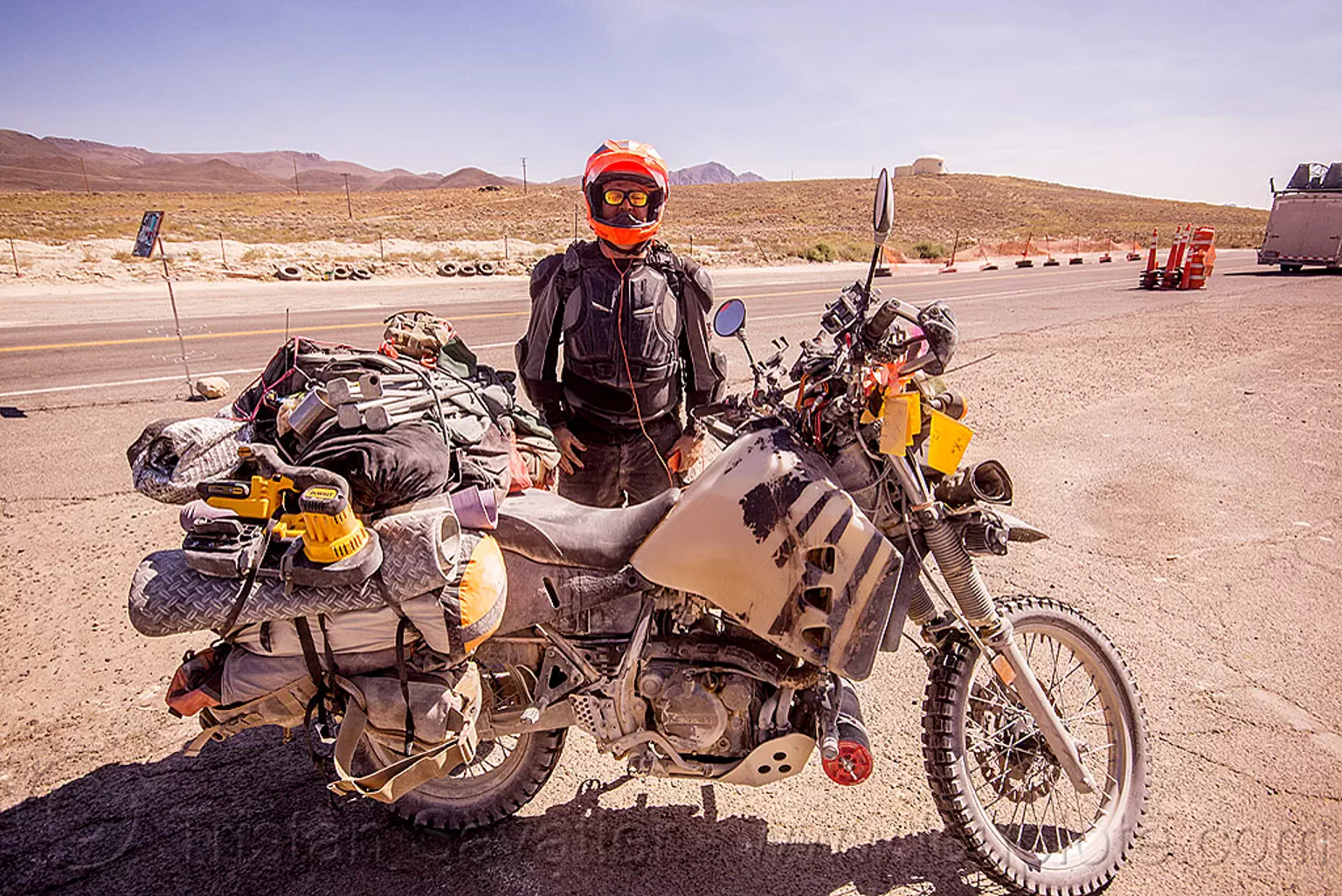 burning man, loaded KLR 650 motorcycle