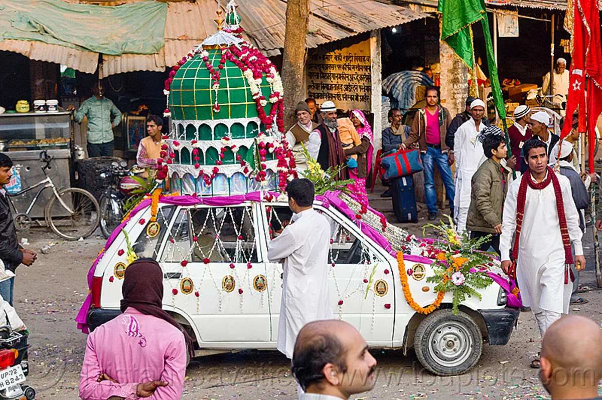 Car decorated with mosque dome on its roof, eid-milad-un 