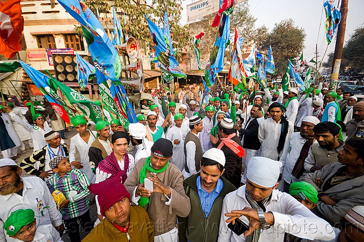 Crowd of muslim men with flags, eid-milad-un-nabi muslim 