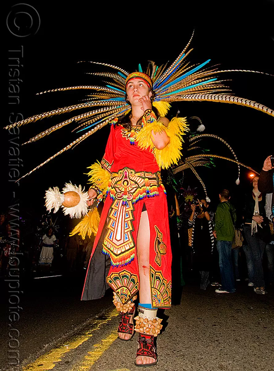 aztec dancer with feathers, dia de los muertos, halloween, san francisco