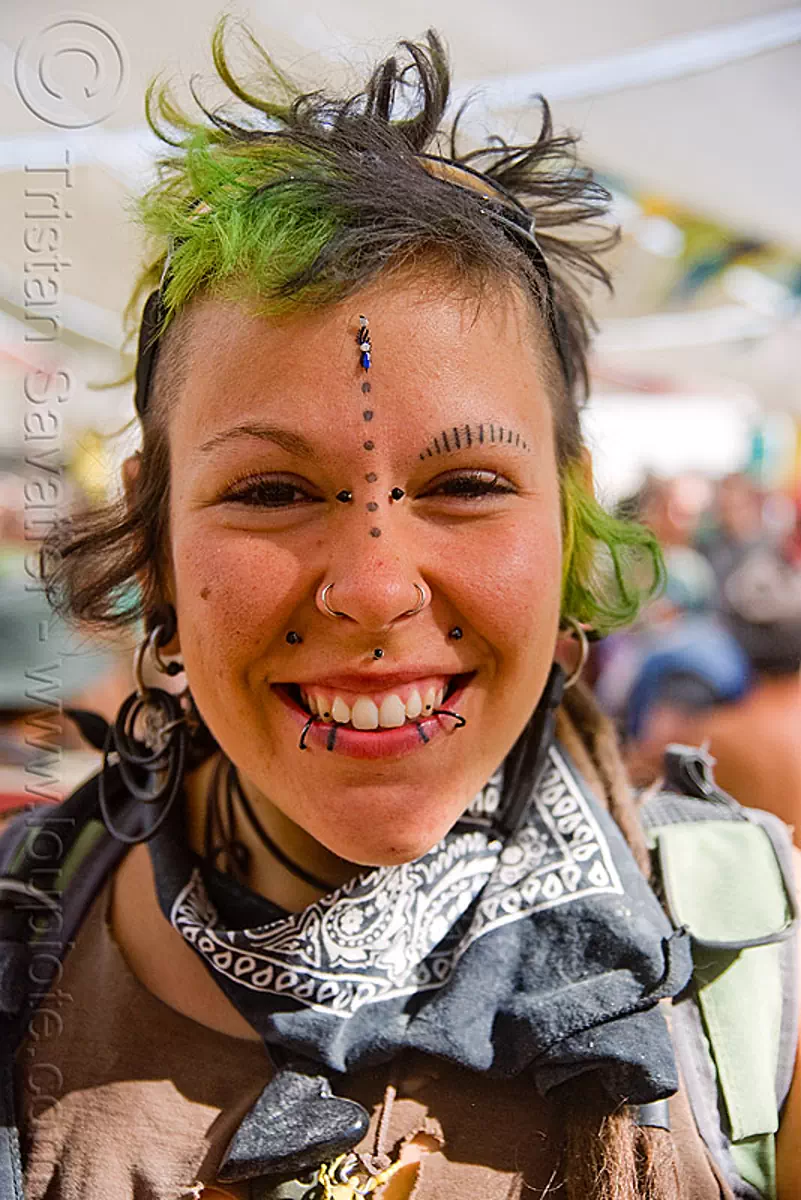 burning man, woman with bindis and green hair