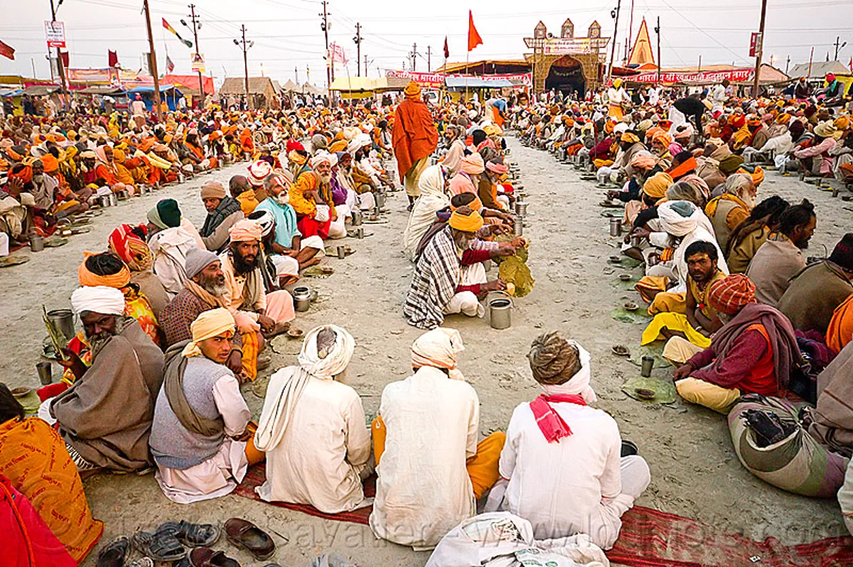 Hindu Pilgrims Sitting In Rows, Waiting For Holy Prasad, Kumbh Mela ...