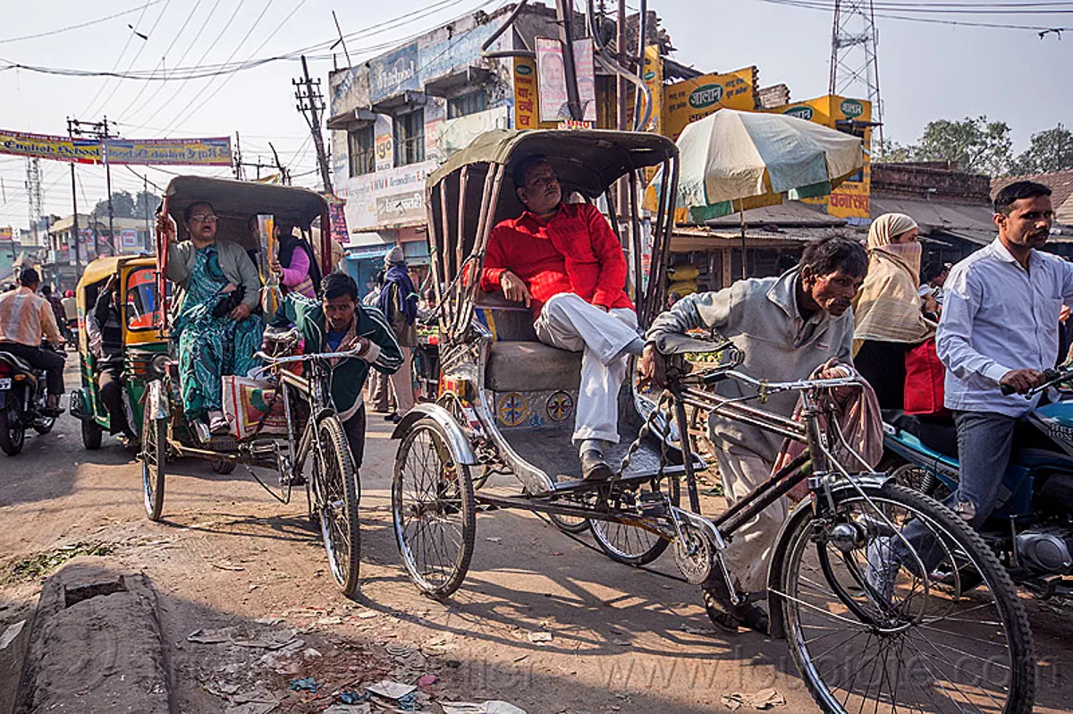 men pushing cycle rickshaws with passengers, india | Stock Photo ...