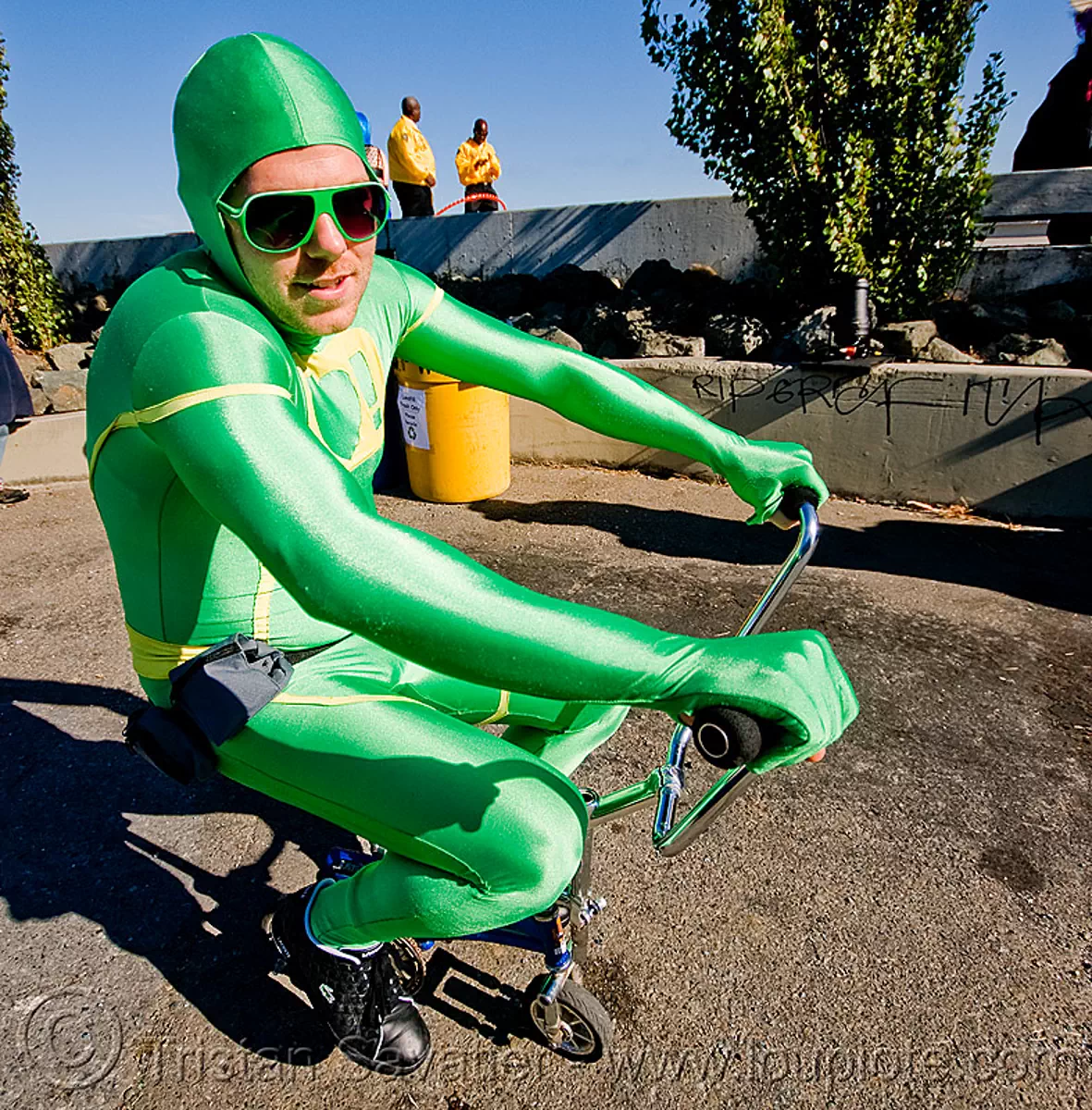 mini bike, green man, superhero street fair, san francisco