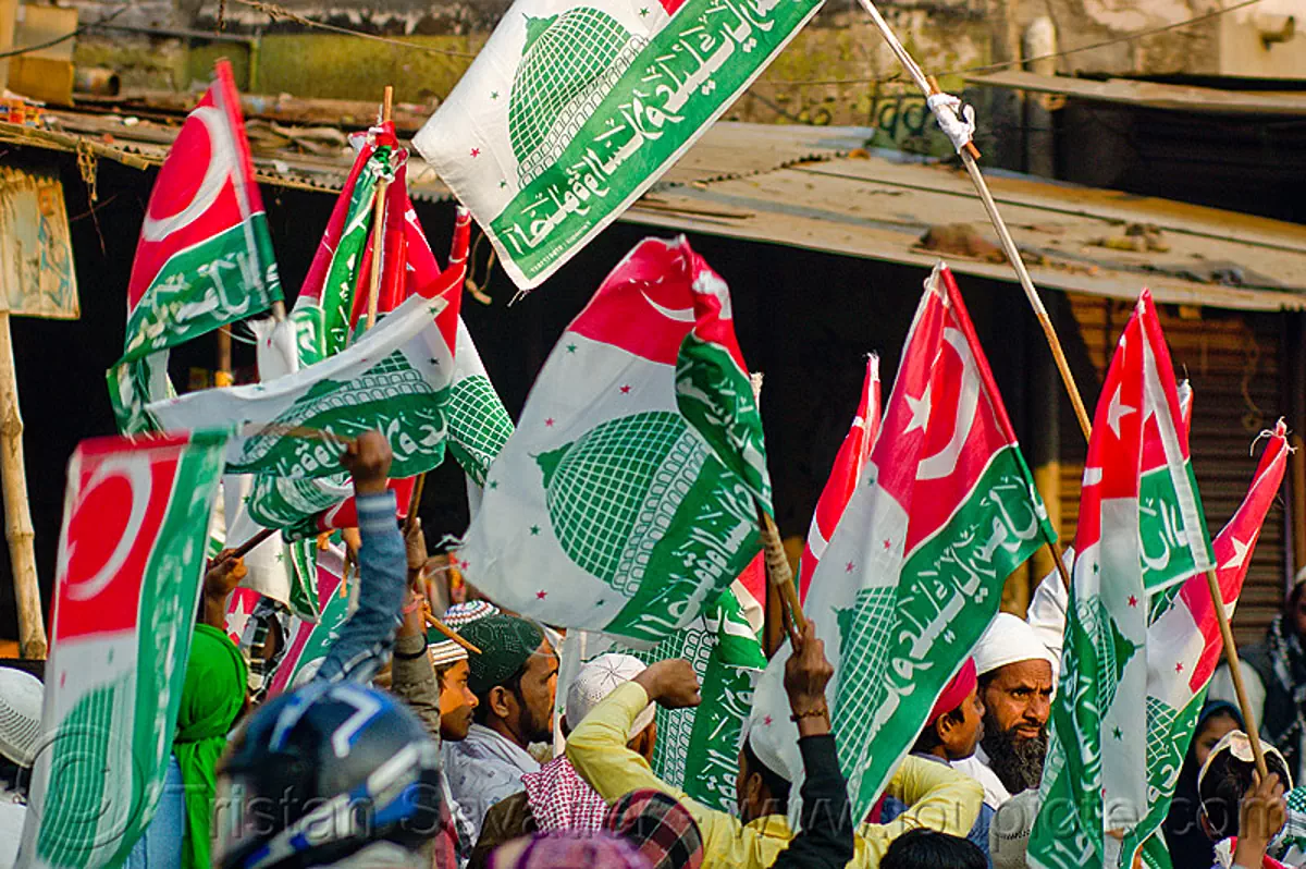 muslim flags with islamic symbols, eid-milad-un-nabi muslim festival, india