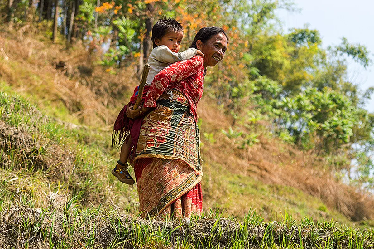 Nepali Woman Carrying Little Boy On Her Back, Nepal, Child, Kid 